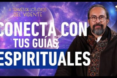 Smiling man next to a glowing purple silhouette and bold Spanish headline about guia espiritual