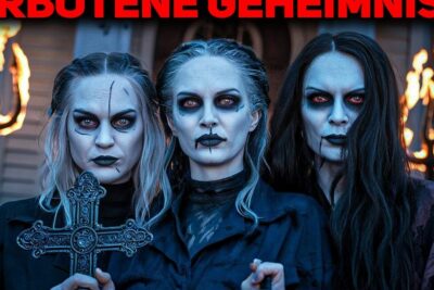 Three gothic figures with pale makeup and dark eyes holding a decorative cross beside flaming torches, evoking gulnede aviser atmosphere.