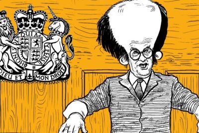Caricatured courtroom figure with oversized forehead and glasses under a royal coat of arms, themed for habeas corpus 11.