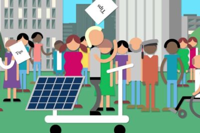 Illustration of a diverse community demonstrating a solar panel to promote a hallbar framtid.
