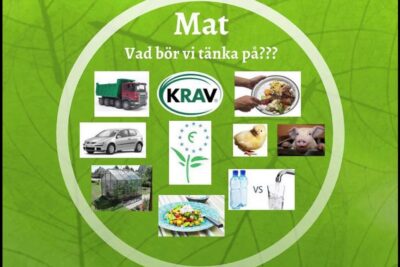 Infographic showing organic logos, transport images, greenhouse, farm animals, water choices and plated meals for hallbar utveckling 1.