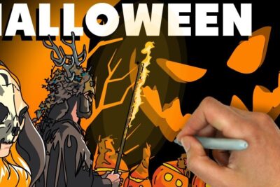 Masked characters, an antlered figure holding a flaming staff, carved pumpkins and a hand drawing jack-o'-lanterns in a bold orange and black halloween festividad 1 scene.