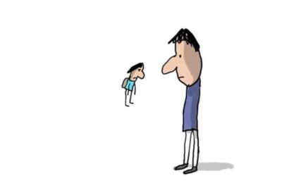 Minimalist cartoon of a tall figure looming over a smaller student with a backpack, representing harcelement scolaire 2.