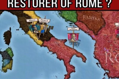 Color-coded medieval map of Italy and the Balkans with bannered leaders and the phrase 'RESTORER OF ROME?', heidan mielestaan 10
