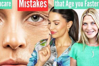Close-up of textured wrinkled facial skin with two women and text highlighting skincare mistakes heidan mielestaan 4.