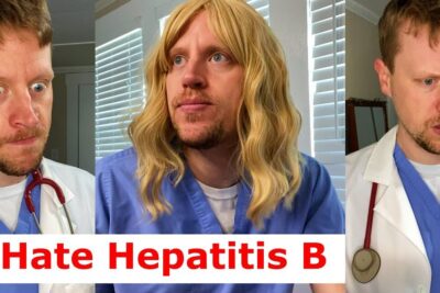 Three-panel collage of a healthcare worker in scrubs and a white coat showing varied concerned expressions about hepatiitti b 1