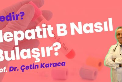 Medical professional in a white coat and a gloved hand holding a blood sample tube beside bold text about hepatit b transmission.