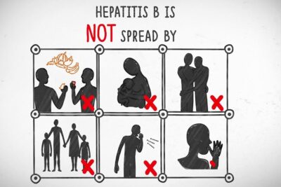 Six-panel infographic illustrating ways hepatitt b is not spread: sharing food or drinks, breastfeeding, hugging or kissing, family contact, coughing or sneezing, and other casual contact