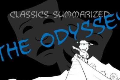 Black-and-white illustrated cover showing theatrical masks and a figure on a ship prow with bold blue title text, labeled holdning odyssevs.