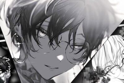 Grayscale anime collage with eyeglass-wearing characters, close-up portraits and chibi pixel icons for homework assignments 1.