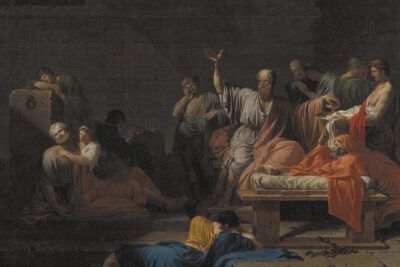 Bearded elder raising his hand on a bench while others mourn and debate in a dim chamber, evoking homoseksualitet for og imod meninger og holdninger til debat 1.