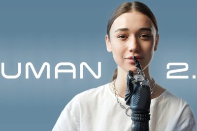 Young woman with an advanced prosthetic hand touching her lips representing human enhancement