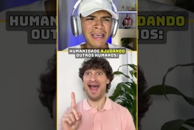 Split-screen portrait of two young men reacting with shocked and joyful expressions, top wearing headphones and a cap and bottom in a pink shirt pointing and smiling - humanos sao 2