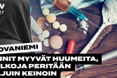 Syringes, pills, powder in a spoon and a hooded figure suggesting huumeiden myynnin activity.