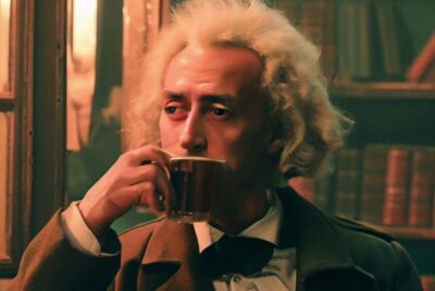 Contemplative figure in period clothing sipping tea in a warm, book-lined study, suggesting idees kant.