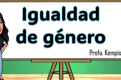 Whiteboard poster promoting igualdad genero 1 with a smiling cartoon female teacher in a classroom
