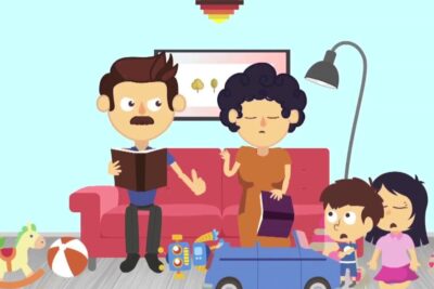 Cartoon family in a living room with parents on a couch and two children amid scattered toys representing igualdad genero 2