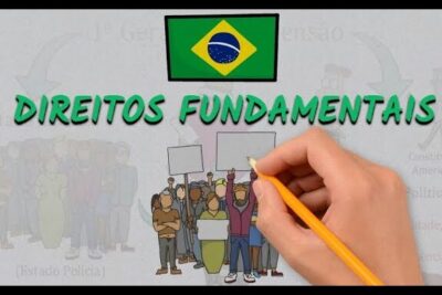 Hand drawing of a crowd holding protest signs beneath a Brazilian flag and the words 'Direitos Fundamentais', highlighting igualdade direitos 2.