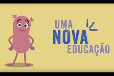 Playful pink cartoon character standing on a pale yellow background next to bold educational text promoting igualdade genero 4