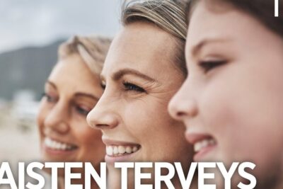 Three smiling women in profile outdoors conveying warmth and ihmisten terveyteen.