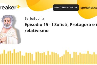 Podcast cover art with illustrated bearded philosopher, Spreaker logo, yellow waveform and the title 'Episodio 15 - I Sofisti, Protagora e il relativismo' featuring il relativismo 1