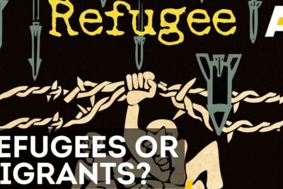 Person clutching barbed wire beneath falling bombs with bold headline questioning immigrants refugees.