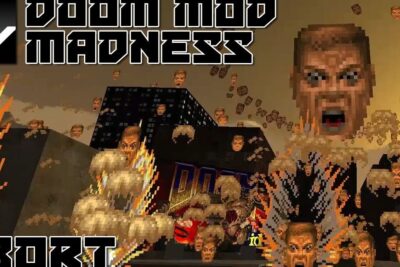 Pixelated chaotic scene of numerous flying screaming heads, fire and explosions from imod abort 3