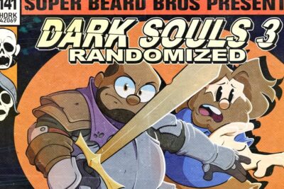 Comic-style Dark Souls 3 randomized cover showing two expressive armored characters, a large sword and skull motifs on a textured orange backdrop, imod abort 4.