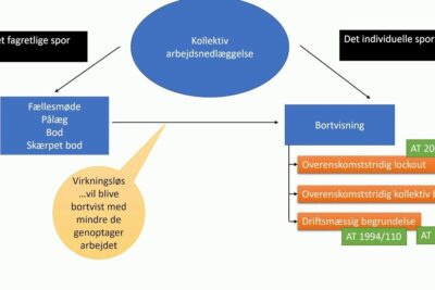 Flowchart showing Kollektiv arbejdsnedlæggelse and routes to fines, lockout and bortvisning as responses imod arbejdspligten