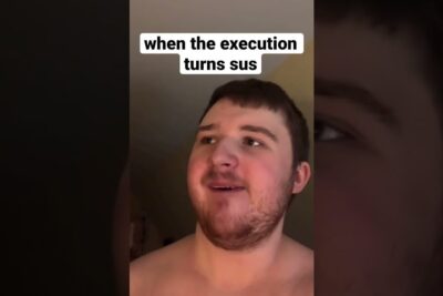 Shirtless young man with short hair and beard smiling in a vertical meme frame reading 'when the execution turns sus' alongside imod dodsstraf 2