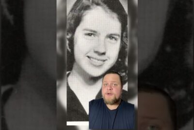Black-and-white yearbook-style portrait of a smiling young woman with a modern male narrator overlay, imod dodsstraf