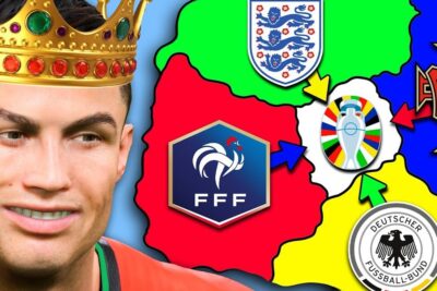 Crowned football player portrait next to a colorful map of European national team crests and trophy imod imperialismen 1