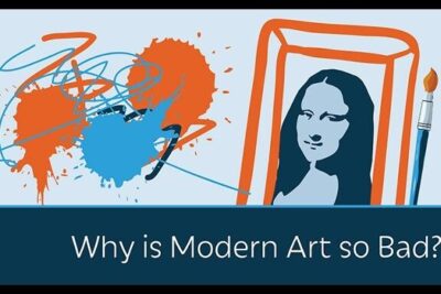 Framed classical portrait silhouette beside colorful paint splatters and headline questioning modern art imod moralrelativisme