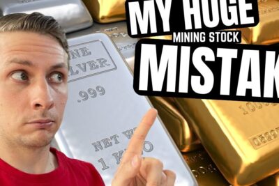A concerned person points at stacked gold and silver bars with a bold mistake headline, imot gruvedrift.