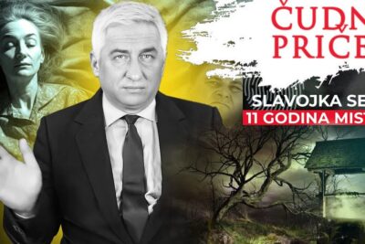 A suited man raises his hand in a stylized montage next to a reclining woman and an ominous well, evoking imot varetektsfengsling.