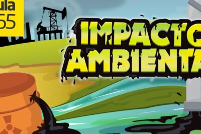 Illustration of oil barrels leaking into water and a damaged pipe contaminating the landscape, illustrating impacto negativo 1.