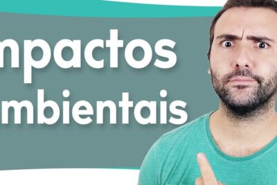 A presenter in a teal shirt pointing to bold white text about impactos ambientais 2 on a muted teal background.