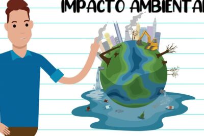 Person pointing to a cartoon globe with factories, smoke, dead trees, machinery and sewage outlets illustrating impactos ambientais and pollution.