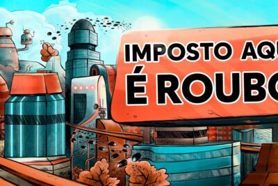Futuristic cityscape with a large billboard displaying impostos sao 1 against teal and orange buildings.