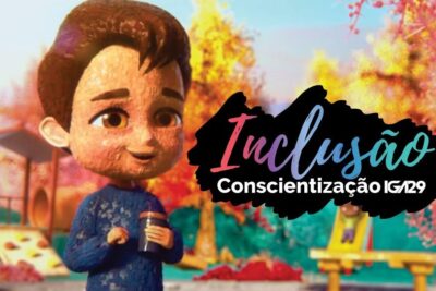Animated child in a colorful playground holding a cup next to a bold graphic promoting inclusao social 4