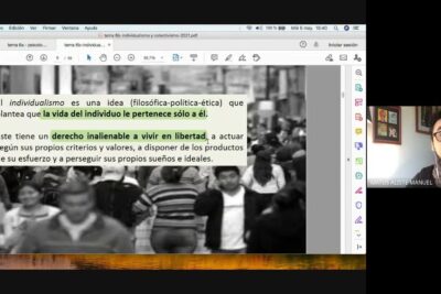 Online lecture slide about individualismo colectivismo with highlighted Spanish text and a presenter thumbnail