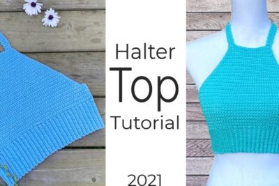 Turquoise crochet halter top with ribbed hem displayed flat and on a mannequin, highlighting indvirkning pa 1.