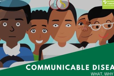 Cartoon group of diverse people with a green banner promoting infectious diseases awareness
