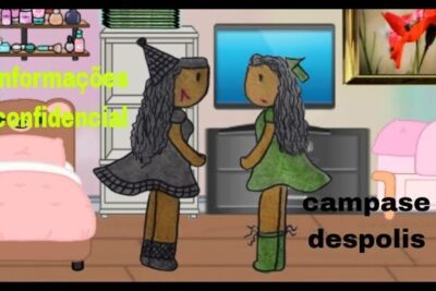 Playful bedroom illustration of two dolls in costume — informacoes confidenciais 1 showing two stylized dolls in witch and green outfits facing each other in a pastel bedroom with a bed, dresser and wall art.