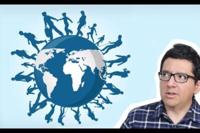 A stylized globe surrounded by walking silhouettes and a man looking on, illustrating inmigracion cultural 1
