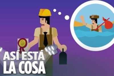 Cartoon construction worker under spotlights thinking about a stranded migrant in water, concept for inmigracion laboral 1.