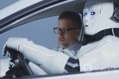 Humanoid robot driving a car next to a seated man, showcasing innovazioni tecnologiche.