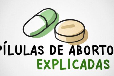 Illustration of two pills and bold explanatory text about interrupcao gravidez 2