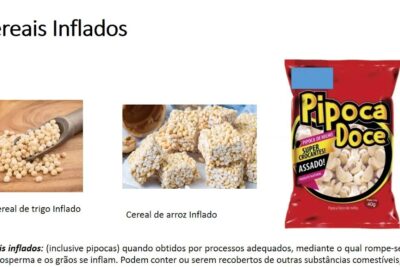 Puffed wheat kernels, puffed rice squares and a red bag of sweet popcorn shown together as an introducao cereais example.