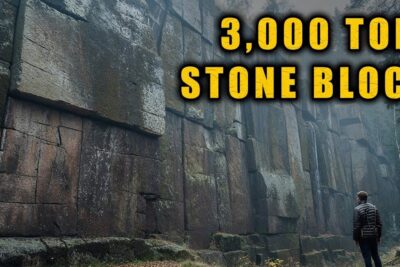Hiker standing before towering, jaapeitteen peittama rectangular stone blocks in a misty forest